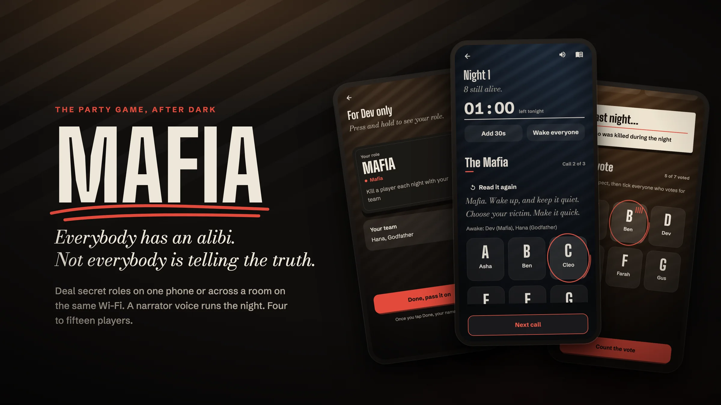 Mafia party game app — secret roles, narrator voice and the day vote