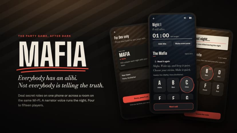 Mafia party game app — secret roles, narrator voice and the day vote